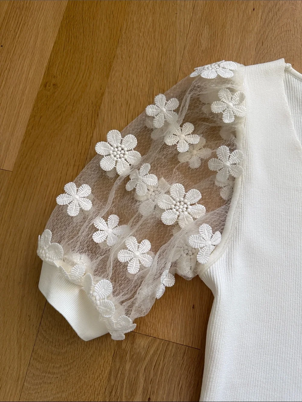 Anthropologie Cream Puff-Sleeve Floral Mesh Top